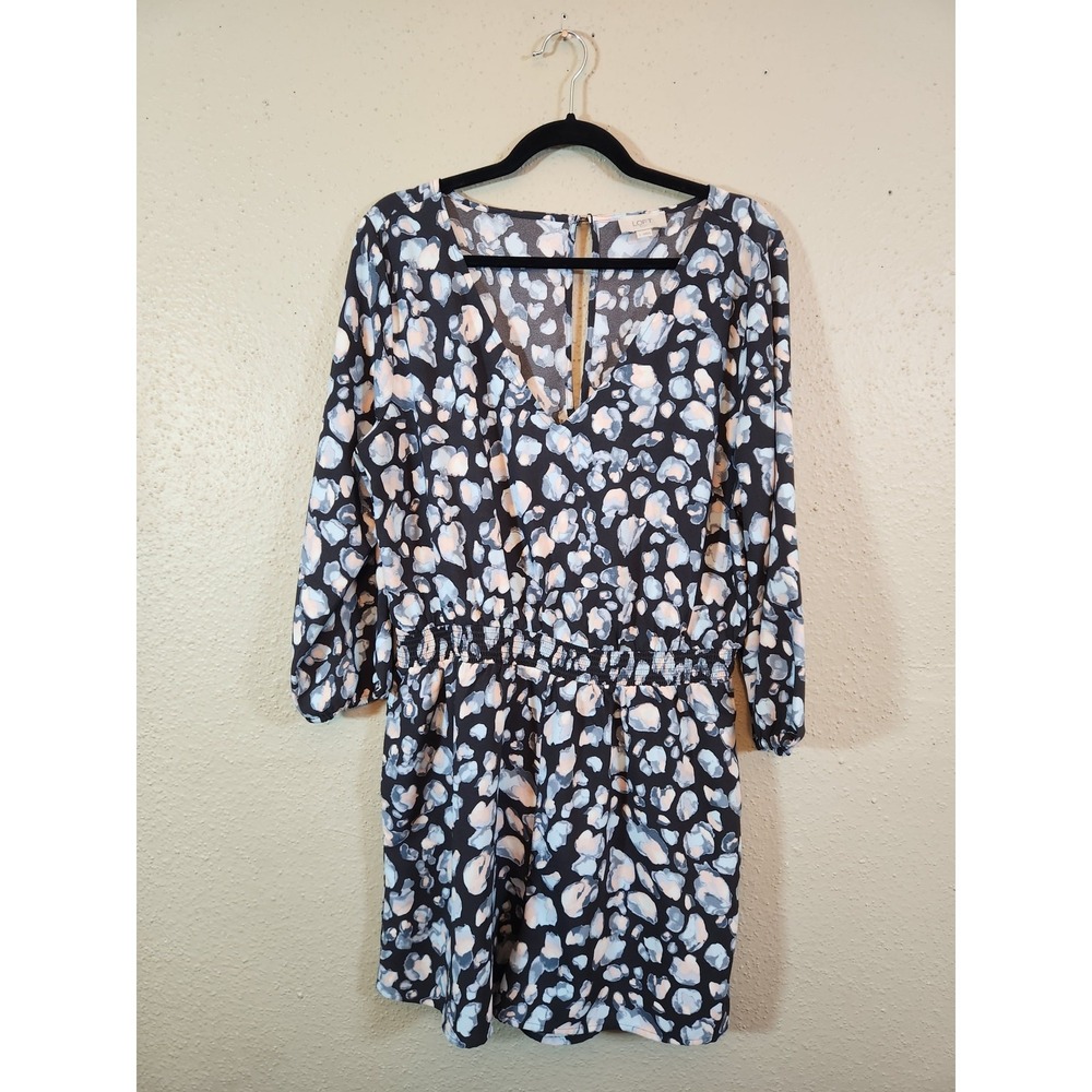 LOFT Womens L Blue Abstract Leopard Romper 3/4 Sleeve Smocked Waist Pockets